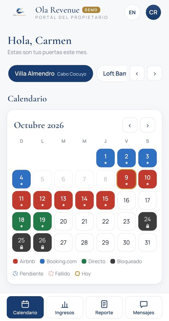 Calendar screen with stays colored by channel
