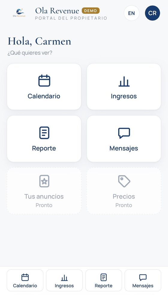 Owner Portal Home screen with tiles for Calendar, Revenue, Report and Messages