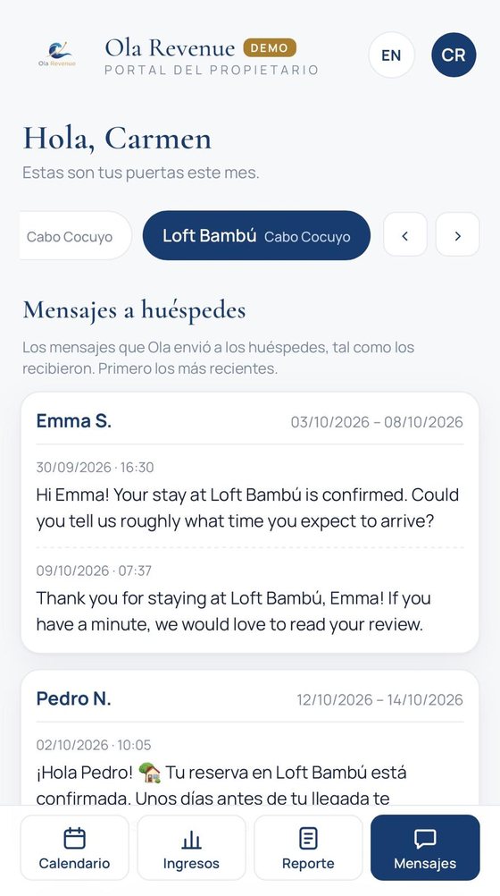 Messages screen listing messages sent to guests