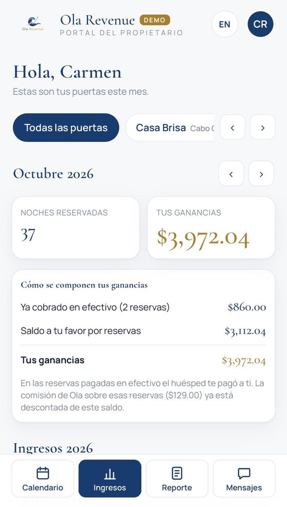Revenue screen with nights booked, earnings and cash breakdown